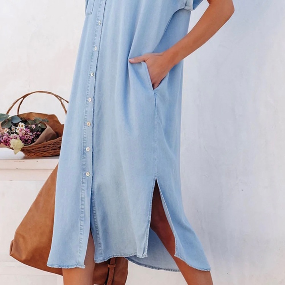 Shirt Collar Bell Sleeve Button Dress - Picture 3 of 5